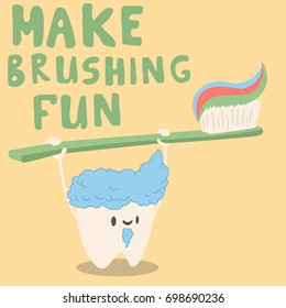 A joyful tooth plays with a toothbrush. Make brushing fun