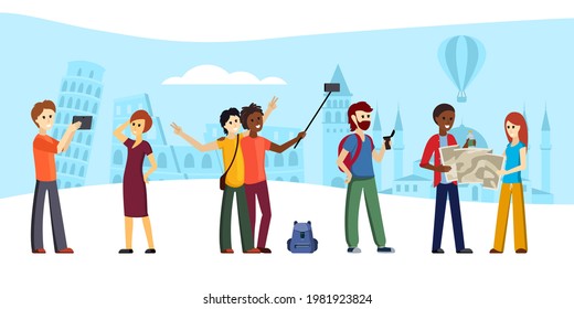 Joyful tourists travel illustration. Fascinating hiking trips with adventure and outdoor recreation flights other countries.