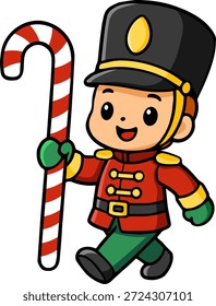 Alegre soldado de juguete que marcha con el bastón de caramelo celebración festiva ilustración de dibujos animados espíritu de vacaciones atmósfera alegre