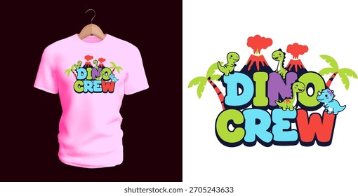 A joyful T-shirt design featuring the phrase “Dino Crew” with cute dinosaurs, volcanoes, palm trees, and colorful bubbly lettering. The playful shapes, vibrant cartoon elements 