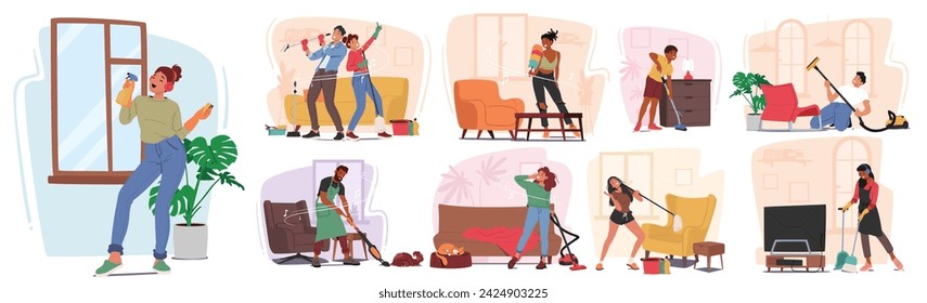 Joyful Tunes Fill The Air As People Diligently Clean Their Homes, Characters Swaying To The Rhythm While Wiping Surfaces, Vacuuming, And Organizing, Creating A Harmonious Blend Of Chores And Music