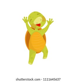 Joyful turtle in jumping action. Green reptile with brown shell. Animal happy muzzle. Flat vector for postcard, children book or sticker