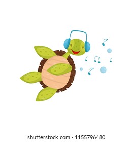 Joyful turtle swimming and listening music. Funny tortoise in blue headphones. Marine reptile with brown shell. Flat vector design