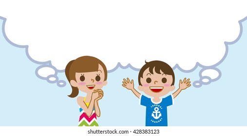 Joyful Two kids with empty thought bubble ,Summer fashion