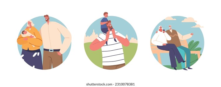 Joyful And United Family Isolated Round icons. Parents with Child, Senior Couple Characters Sharing Laughter