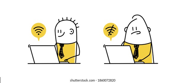 Joyful and upset stickman working on laptop. Wi-Fi включен. Wifi off, denied, network error. Hand drawn vector illustration.