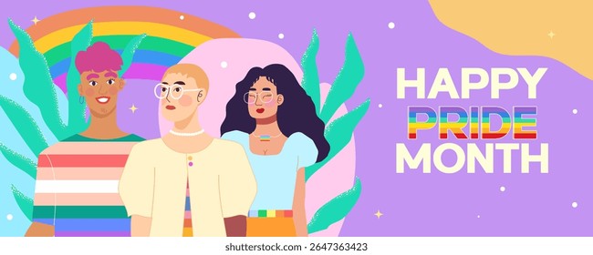 Uma ilustração vetorial alegre representando indivíduos celebrando o Mês do Orgulho, incorporando diversidade e aceitação.