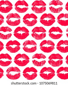 Joyful vector seamless pattern with fashion lip traces on white background.