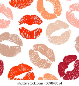 Joyful vector seamless pattern with fashion lip traces on white background.