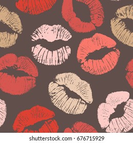 Joyful vector seamless pattern with fashion lip traces on dark background.