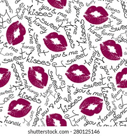 Joyful vector seamless pattern with lip traces and words on white background.