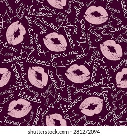 Joyful vector seamless pattern with lip traces and words on deep purple background.