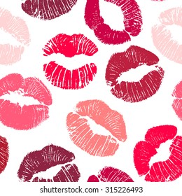 Joyful vector seamless pattern with lip traces on white background.