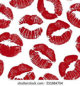 Joyful vector seamless pattern with lip traces on white background.