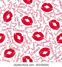Joyful vector seamless pattern with lip traces and words on white background.