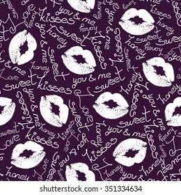 Joyful vector seamless pattern with lip traces and words on deep blue background.