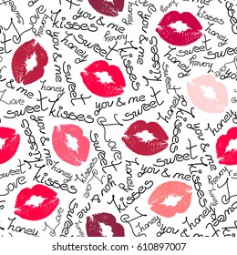 Joyful vector seamless pattern with lip traces and words on white background.