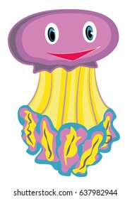 Joyful violet, yellow, and blue jellyfish with happy eyes and a big smile