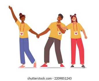 Joyful Volunteers Team Smiling with Hands Up. Happy Group Of Young Male Female Characters with Social Charity or Donation Service Community Badges Rejoice Together. Cartoon People Vector Illustration