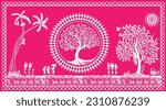 Joyful Warli Encounters: Tree, Bird, and Kids in Harmonious Delight. Warli Painting. Wallpaper illustration, warli art.
