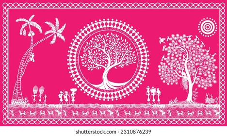 Joyful Warli-Begegnungen: Bäume, Vögel und Kinder in harmonischem Genuss. Warlisches Gemälde. Tapete-Illustration, Kriegskunst.