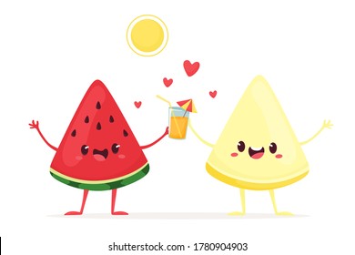 Joyful watermelon and melon with a drink under the sun. Vector illustration in flat cartoon style.