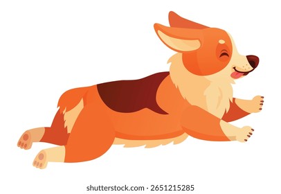 Joyful welsh corgi dog running swiftly with its tongue out and eyes closed, capturing a playful spirit in a charming cartoon style against a clean white background