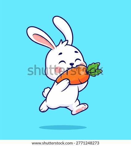 A joyful white bunny rabbit is depicted in a cartoon style, enthusiastically biting into a large, vibrant orange carrot. The bunny has its eyes closed in pleasure and its ears are perked up.