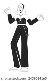 Joyful white woman dancing black and white 2D line cartoon character. Lady having fun at disco party isolated vector outline person. 70s retro style nightlife monochromatic flat spot illustration