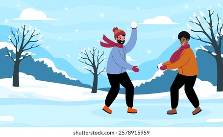 Joyful Winter Play Exciting Snowball Fight Between Close Friends and Family Outdoors