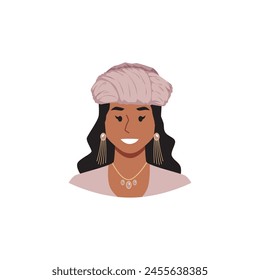 A joyful woman adorned with elegant earrings and a chic pink turban is depicted with a warm smile in this charming vector illustration.