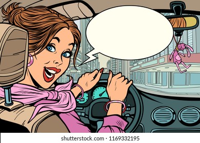 Joyful woman behind the wheel of a car. Comic cartoon pop art retro vector illustration drawing