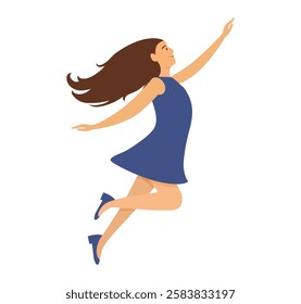 joyful woman in a blue dress, leaping with excitement and happiness, isolated on a white background. Happy active enthusiastic young woman flies. Vector illustration in flat style