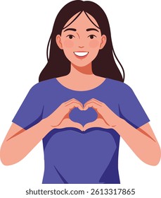A joyful woman in a blue shirt forms a heart shape with her hands, exuding warmth and positivity in a simple, vibrant design.