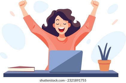joyful woman business woman freelancer illustration, Person in chair uses computer for business communication, showing mixed emotions. Indoor setting.