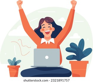 joyful woman business woman freelancer illustration, Person in chair uses computer for business communication, showing mixed emotions. Indoor setting.