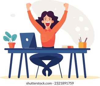 joyful woman business woman freelancer illustration, Person in chair uses computer for business communication, showing mixed emotions. Indoor setting.
