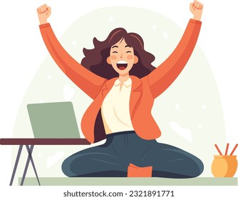 joyful woman business woman freelancer illustration, Person in chair uses computer for business communication, showing mixed emotions. Indoor setting.