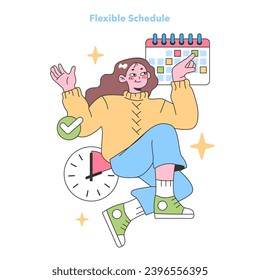 Joyful woman celebrates the freedom of a flexible schedule, pointing at a vibrant calendar while surrounded by stars and a ticking clock. Balancing time with ease and confidence. vector illustration