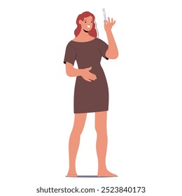 Joyful Woman Character With Long Red Hair Excitedly Holds A Positive Pregnancy Test. Cartoon Vector Illustration Captures A Concept Of Pregnancy, Happiness, And Anticipation In Simple And Modern Style