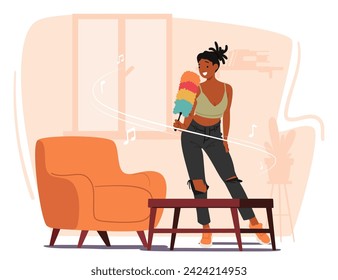 Joyful Woman Cleans Home, Swaying To Music Rhythm and Singing to Pipidastr Microphone. Music Fills The Air As She Sings, Creating A Lively Atmosphere While Maintaining Domestic Chores And Delight