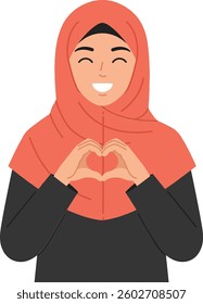 A joyful woman in a coral hijab forms a heart shape with her hands, radiating warmth and positivity in a clean and simple vector art style.