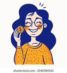 Mujer alegre con pelo rizado y gafas sostiene una moneda de oro, sonriendo brillantemente en un estilo divertido y caricaturesco. Los colores brillantes se suman a la atmósfera alegre