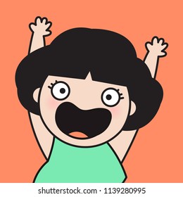 Joyful Woman With Curly Short Hairstyle Standing With Hands Up Expressing Surprise. Funny Girl Gesturing Shouting Concept Card Character illustration