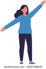 A joyful woman with dark hair wearing a blue sweater and black pants raises her arms in celebration, conveying a sense of happiness and positivity in a minimal setting.