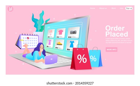 Joyful woman with discount paper bags. I Love Shopping. Black Friday sale and discounts. Ecommerce Marketplace on Computer Screen. Bags shopping online with mobile phone flat vector illustration. 