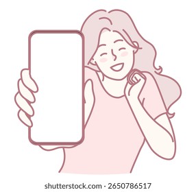 Uma mulher alegre exibindo um grande sorriso enquanto segura seu smartphone, preparando-se entusiasticamente para tirar uma selfie