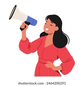 Mujer Alegre Vestida Con Un Top Rojo, Usando Un Megáfono Para Hablar O Anunciar. El Carácter Femenino Capta Un Sentido De Liderazgo, Confianza Y Comunicación. Ilustración vectorial de Personas de dibujos animados