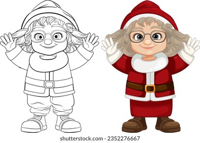 Una mujer alegre vestida como Santa Claus en una ilustración de caricatura