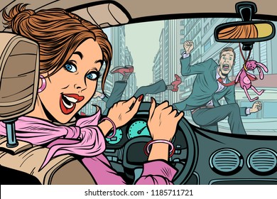 Joyful woman driver, accident on road with pedestrian. Comic cartoon pop art retro vector illustration drawing